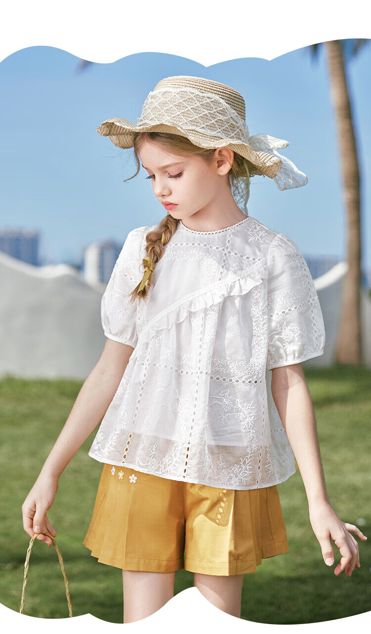 CHANZUIGOU Girls French Style Hollow Embroidered Top 2026 Summer New Breathable Short Sleeve Shirt 15